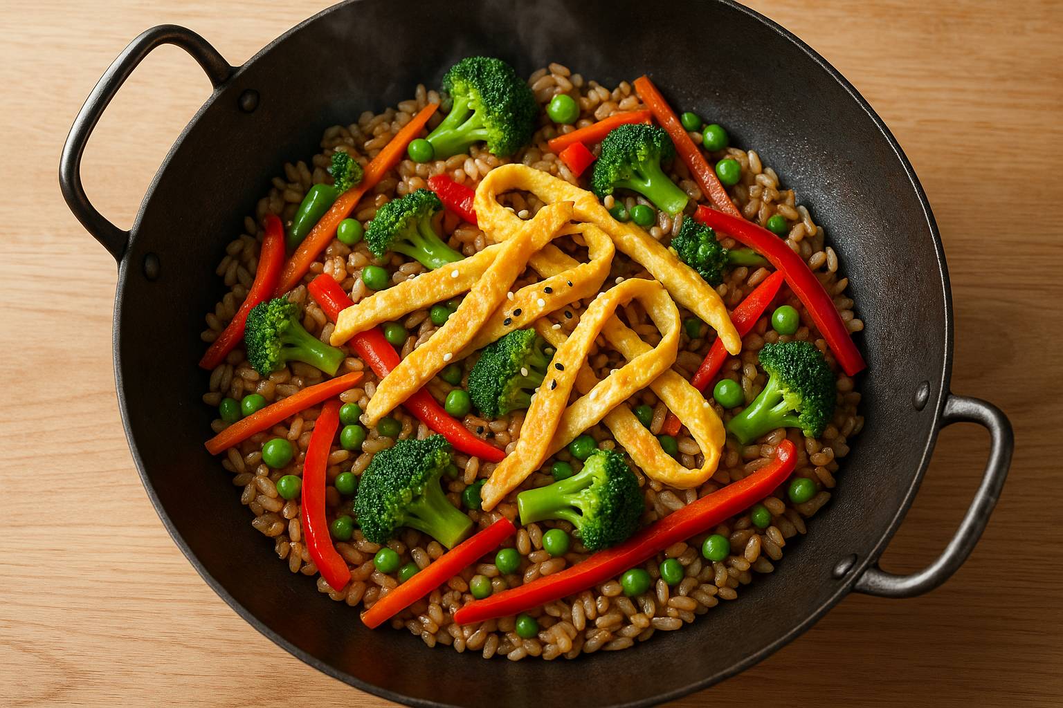 Arroz frito saludable con verduras y huevo en 15 minutos